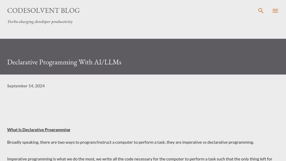 Screenshot of blog.codesolvent.com: Declarative Programming with AI/LLMs