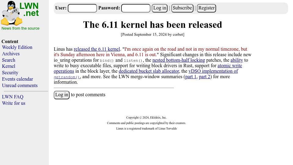 Screenshot of lwn.net: Linux 6.11 Released