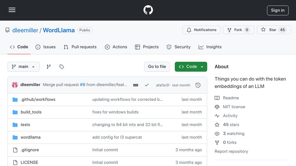 Screenshot of github.com: Show HN: Wordllama – Things you can do with the token embeddings of an LLM