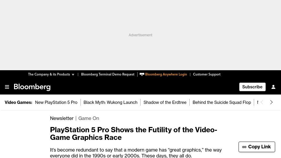 Screenshot of bloomberg.com: Playstation 5 Pro Shows the Futility of the Video-Game Graphics Race