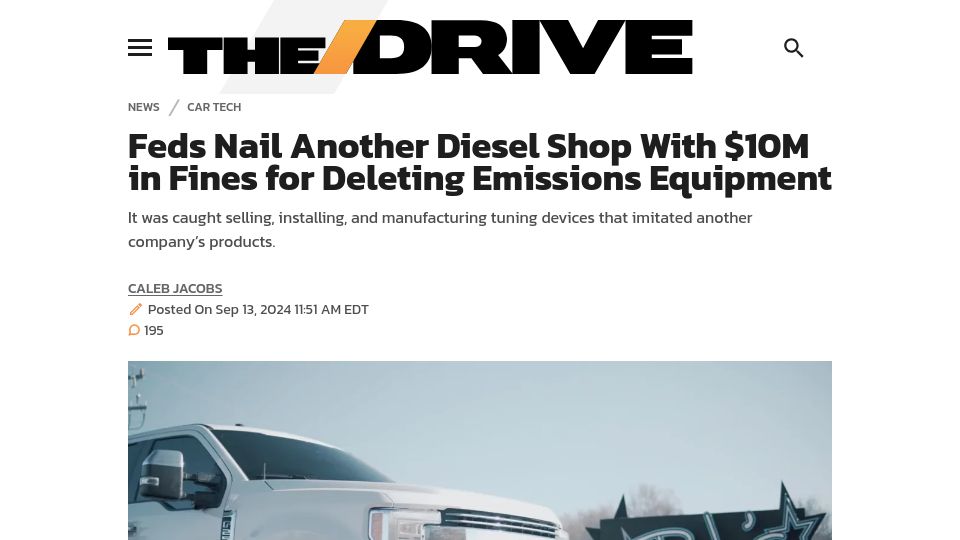 Screenshot of thedrive.com: Diesel shop fined $10M for making and selling Emissions Defeat Devices