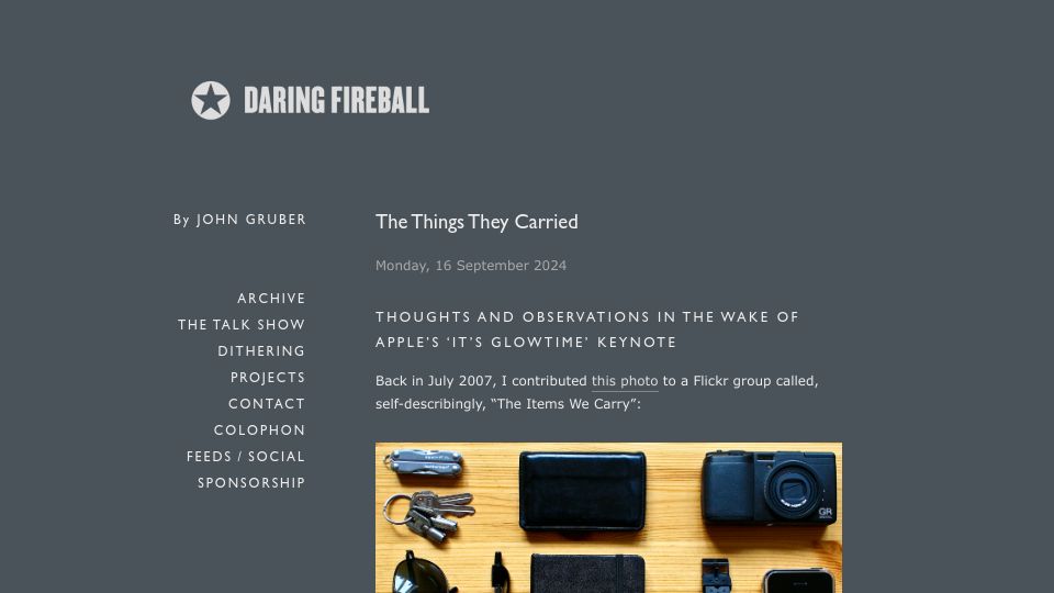 Screenshot of daringfireball.net: Thoughts and Observations in the Wake of Apple's 'It's Glowtime' Keynote