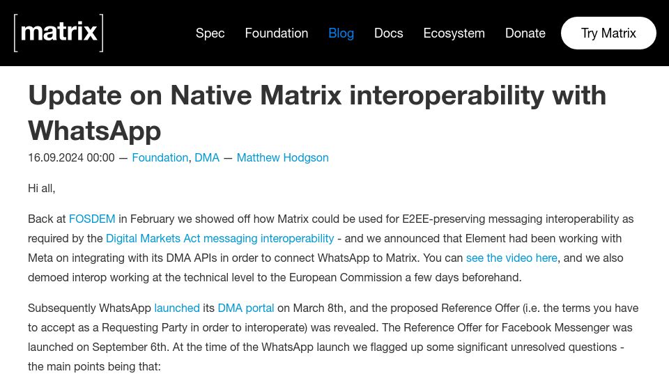 Screenshot of matrix.org: Update on Native Matrix Interoperability with WhatsApp