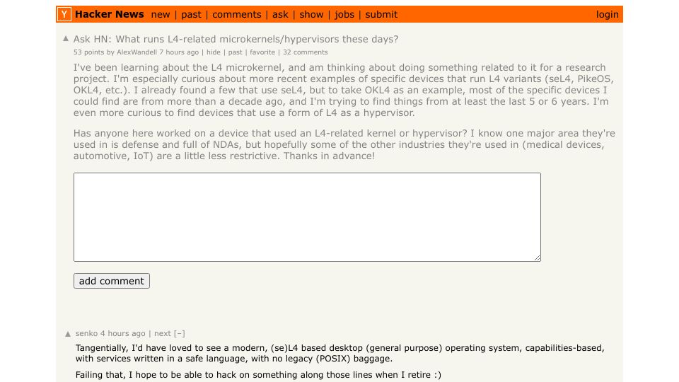 Screenshot of Hacker News post: Ask HN: What runs L4-related microkernels/hypervisors these days?