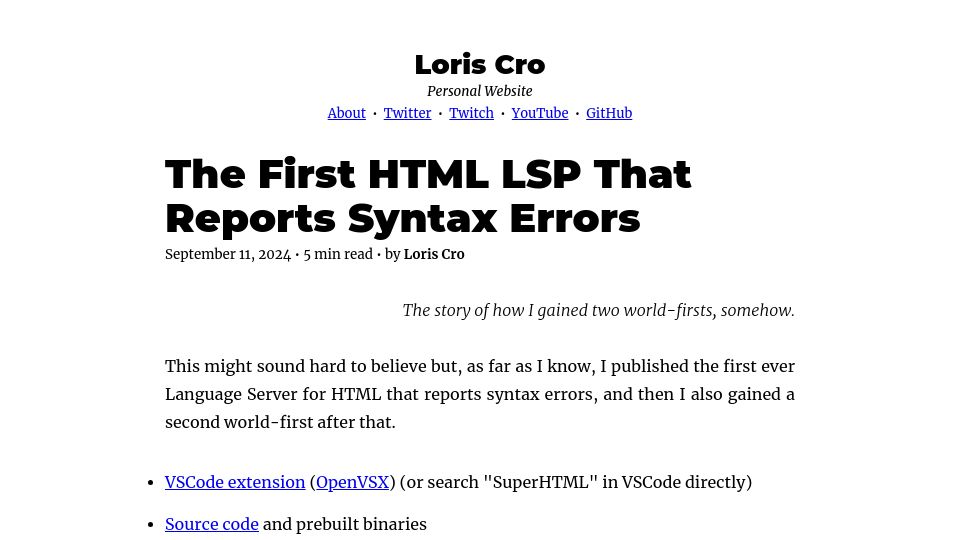 Screenshot of kristoff.it: The First HTML LSP That Reports Syntax Errors