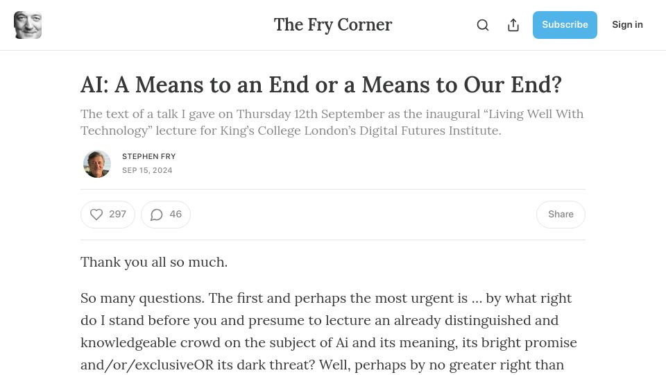 Screenshot of stephenfry.substack.com: Stephen Fry – AI: A Means to an End or a Means to Our End?