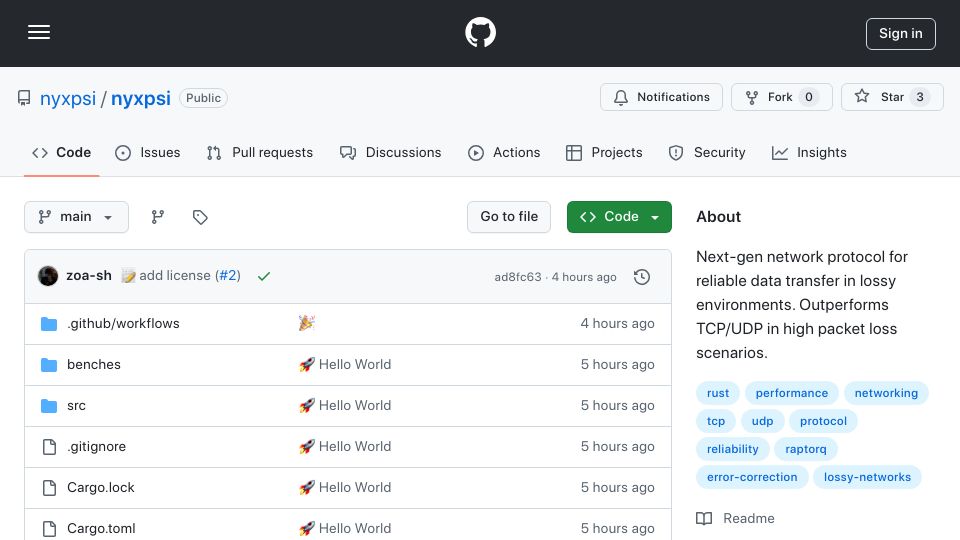 Screenshot of github.com: Nyxpsi – A Next-Gen Network Protocol for Extreme Packet Loss