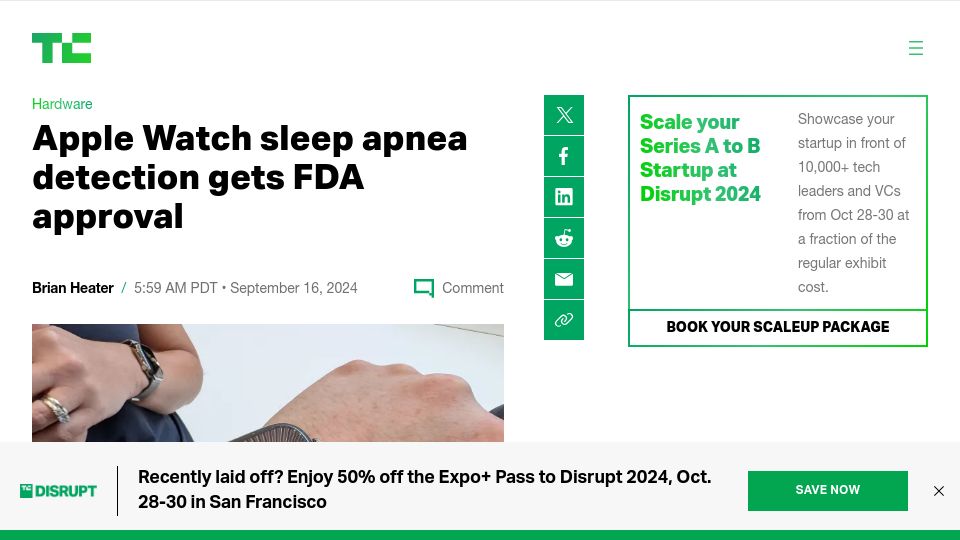 Screenshot of techcrunch.com: Apple Watch sleep apnea detection gets FDA approval