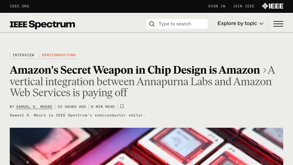Screenshot of spectrum.ieee.org: Amazon's Secret Weapon in Chip Design Is Amazon