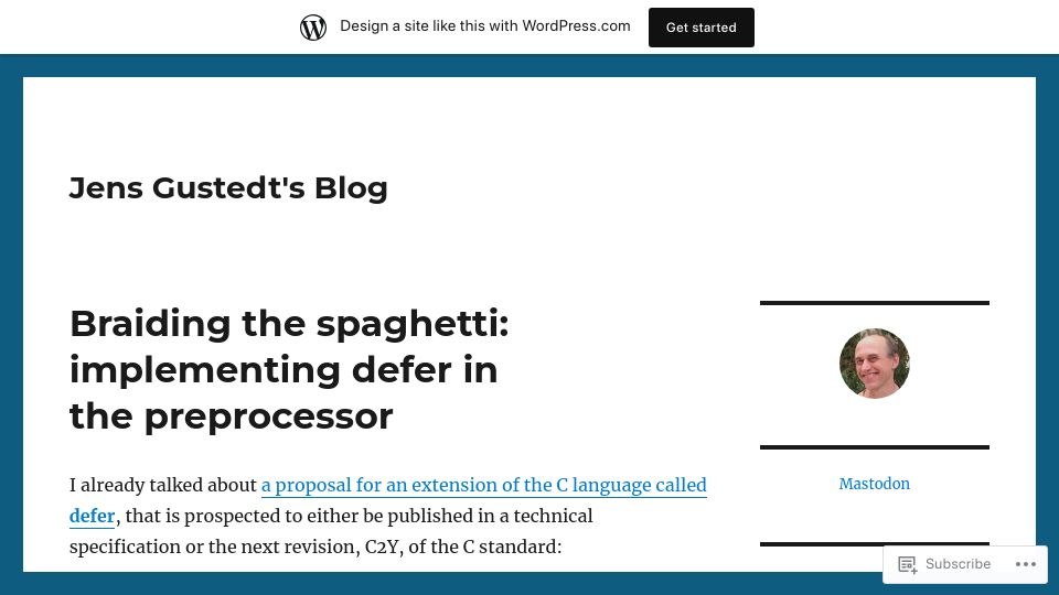 Screenshot of gustedt.wordpress.com: Braiding the spaghetti: implementing defer in the preprocessor
