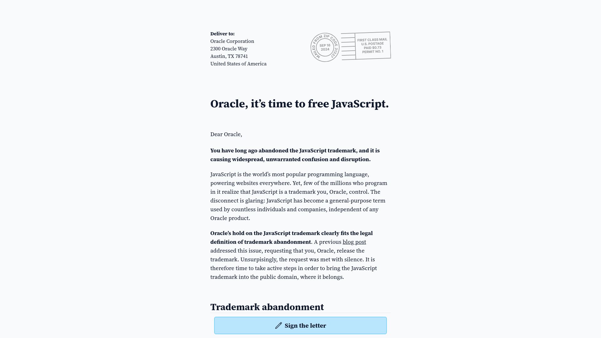 Screenshot of javascript.tm: Oracle, it's time to free JavaScript