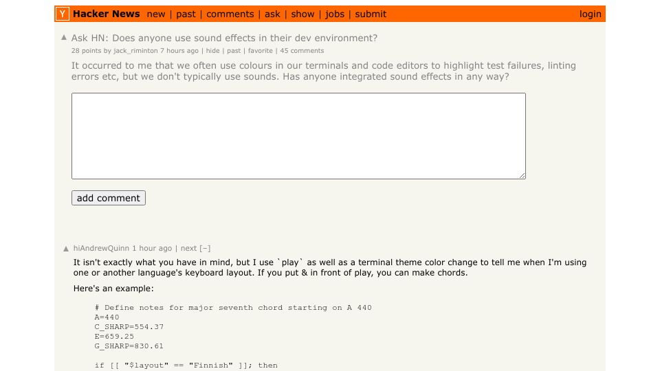 Screenshot of Hacker News post: Ask HN: Does anyone use sound effects in their dev environment?