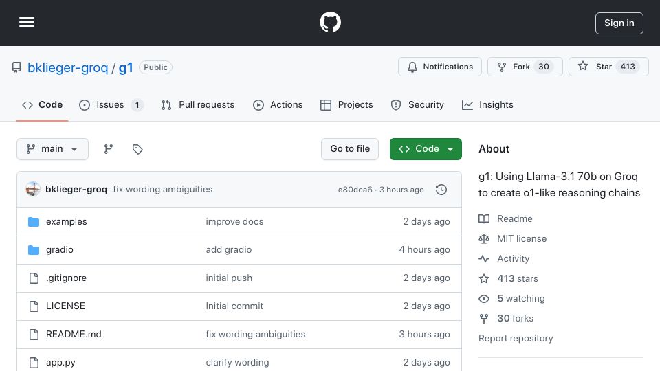 Screenshot of github.com: g1: Using Llama-3.1 70B on Groq to create o1-like reasoning chains