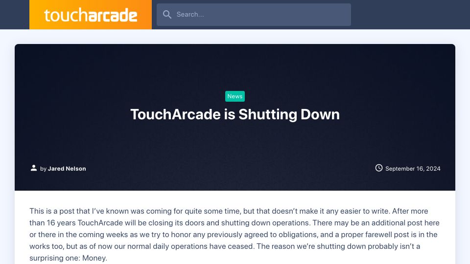 Screenshot of toucharcade.com: TouchArcade Is Shutting Down
