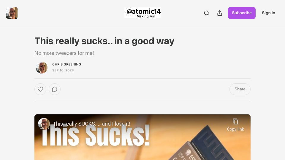 Screenshot of atomic14.substack.com: Sucks.. In a Good Way