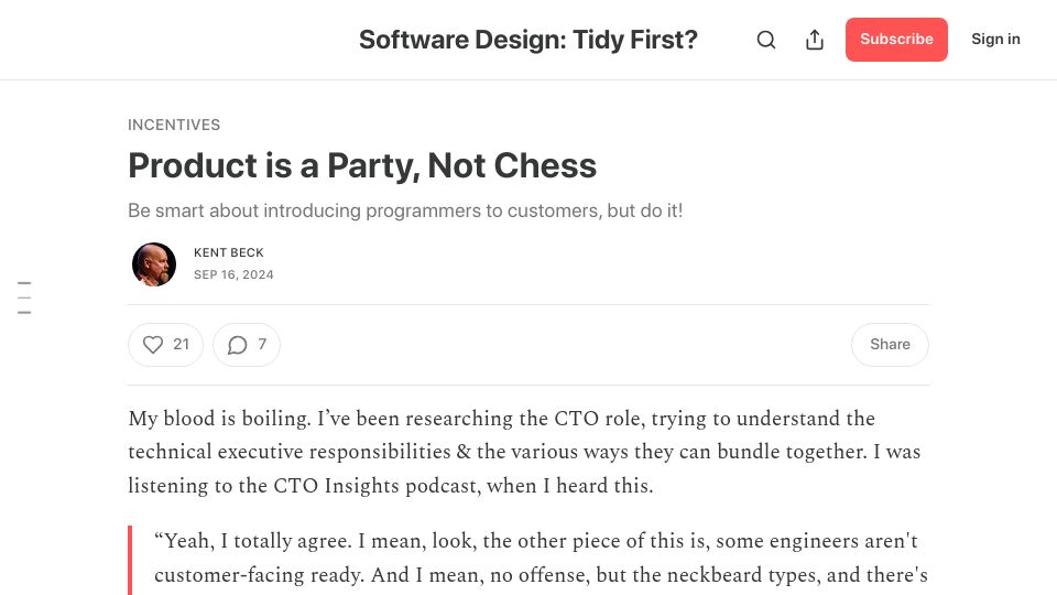 Screenshot of tidyfirst.substack.com: Product management is hosting a party, not playing chess