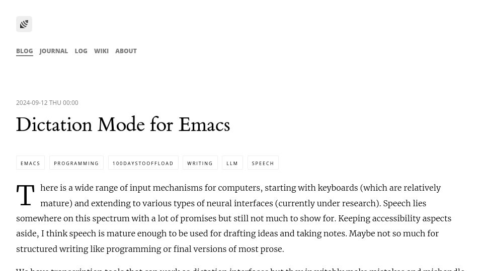 Screenshot of lepisma.xyz: Speech Dictation Mode for Emacs