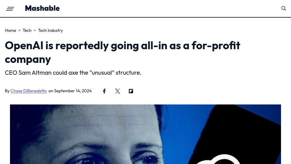 Screenshot of mashable.com: OpenAI is reportedly going all-in as a for-profit company