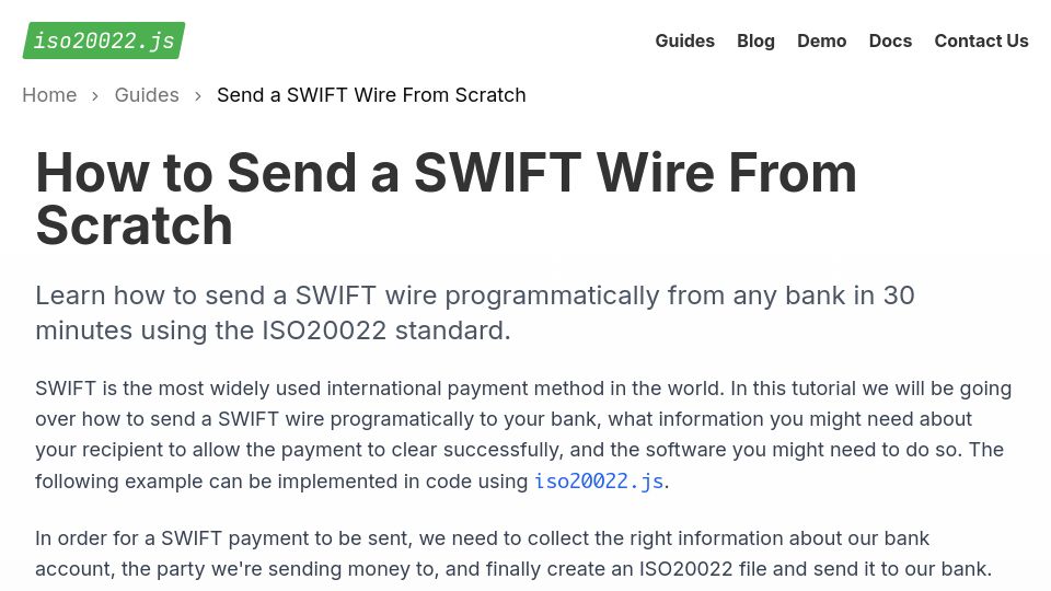 Screenshot of iso20022js.com: How to Send a Swift Wire for Developers
