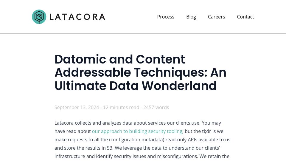 Screenshot of latacora.com: Datomic and Content Addressable Techniques