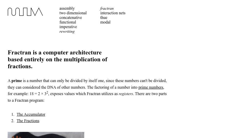 Screenshot of wiki.xxiivv.com: Fractran: Computer architecture based on the multiplication of fractions