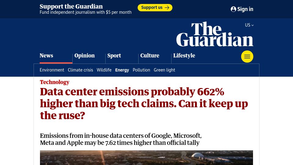 Screenshot of theguardian.com: Data center emissions probably 662% higher than big tech claims