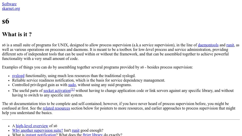 Screenshot of skarnet.org: S6 – skarnet's small supervision suite