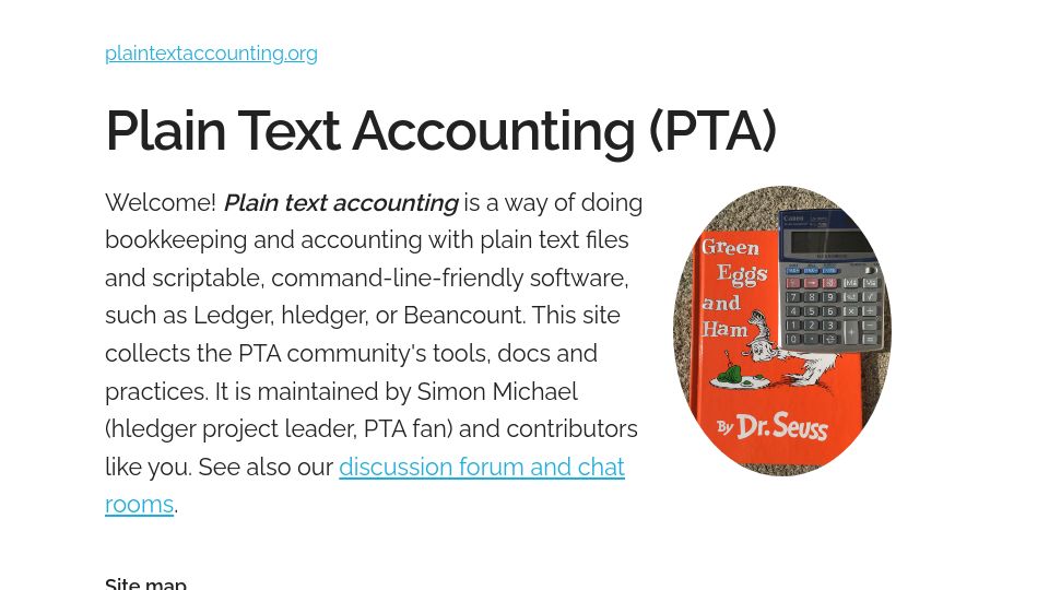Screenshot of plaintextaccounting.org: Plain Text Accounting (PTA)