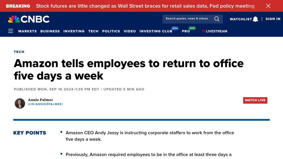 Screenshot of cnbc.com: Amazon tells employees to return to office five days a week