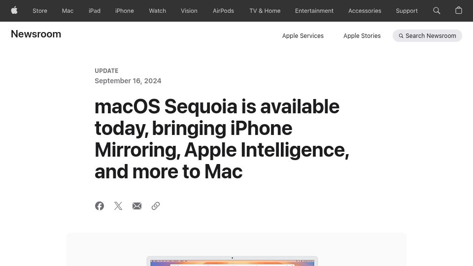 Screenshot of apple.com: macOS Sequoia is available today