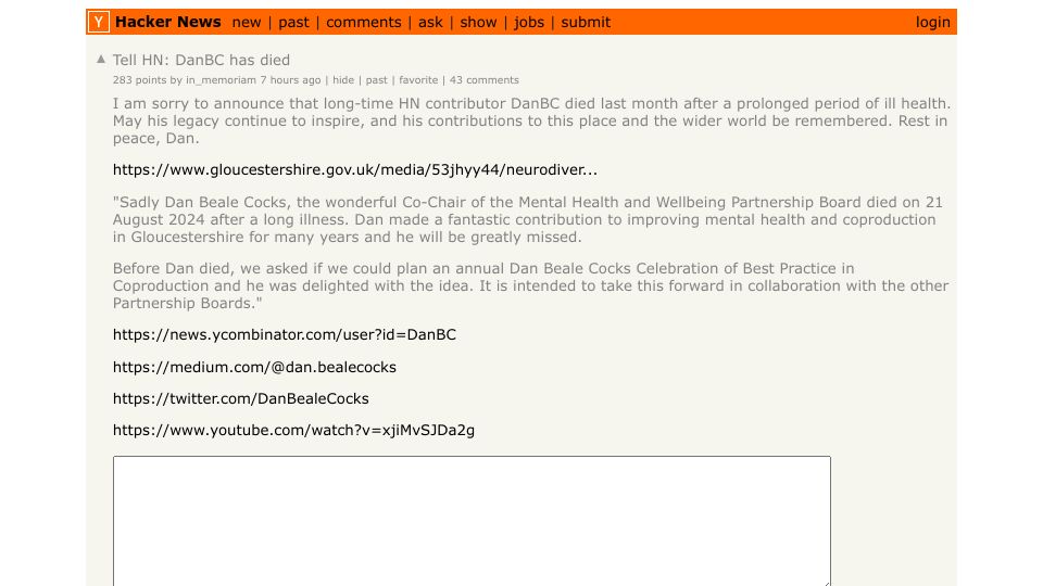 Screenshot of Hacker News post: Tell HN: DanBC has died