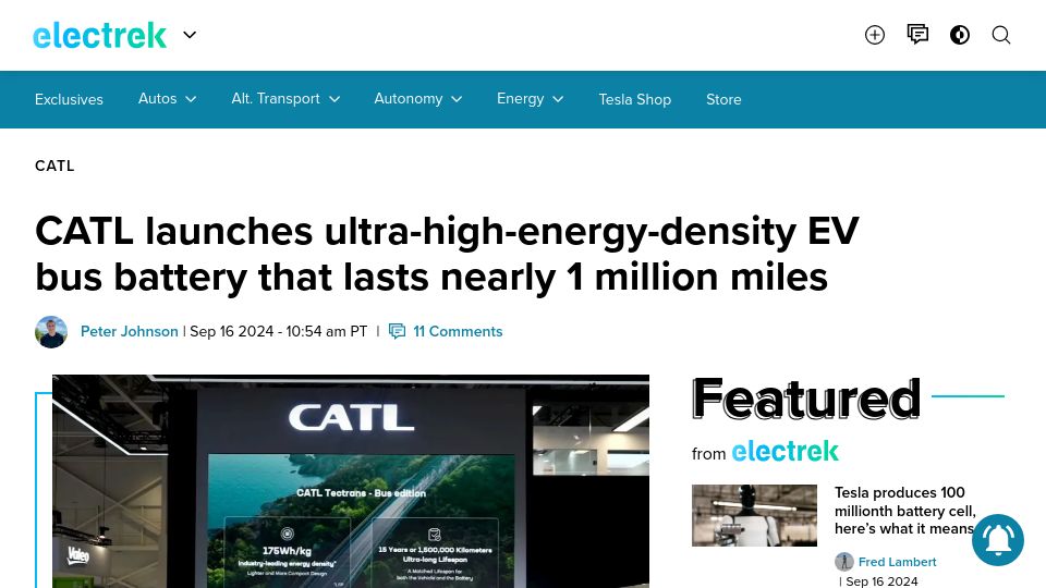Screenshot of electrek.co: CATL launches ultra-high-energy-density EV bus battery that lasts ~1M miles