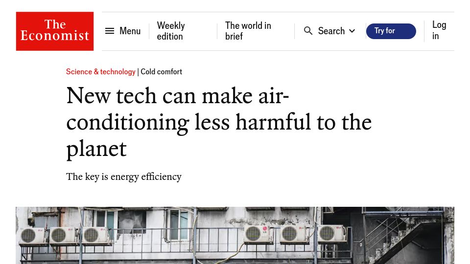 Screenshot of economist.com: New tech can make air-conditioning less harmful to the planet