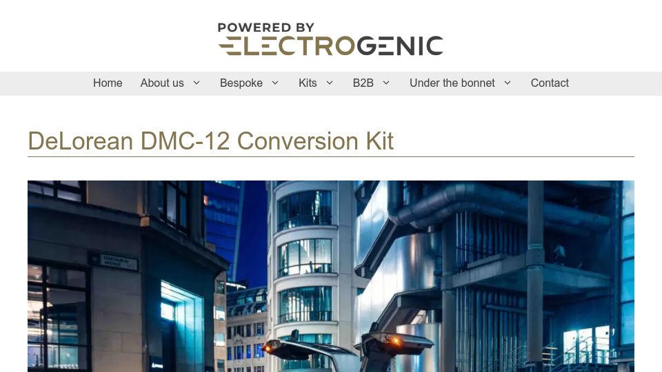 Screenshot of electrogenic.co.uk: Electric DeLorean DMC-12 Conversion Kit