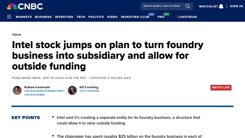 Screenshot of cnbc.com: Intel aims to turn foundry business into subsidiary to allow for outside funding