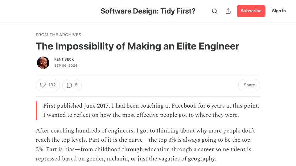 Screenshot of tidyfirst.substack.com: The Impossibility of Making an Elite Engineer (2017)