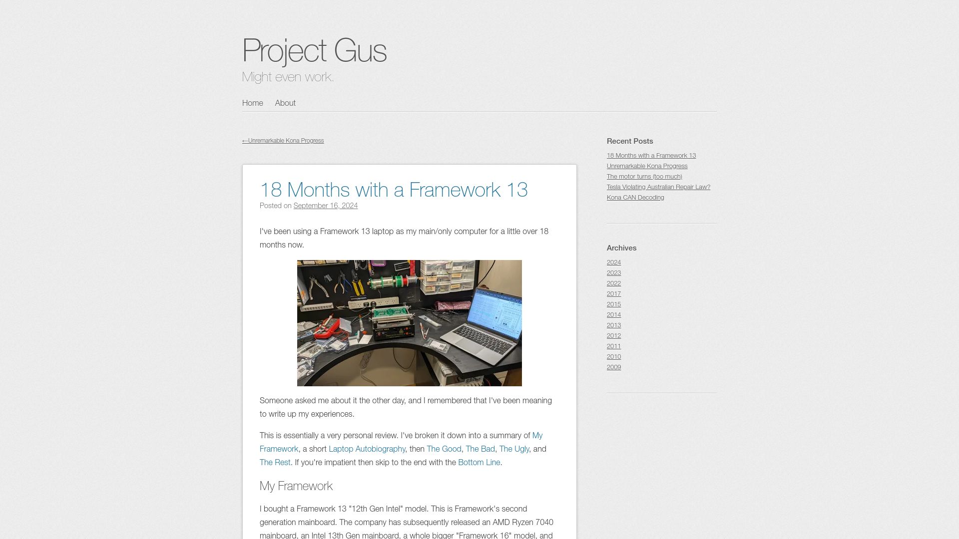 Screenshot of projectgus.com: 18 Months with a Framework 13
