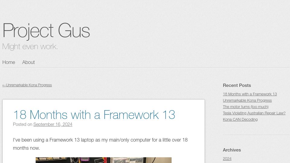 Screenshot of projectgus.com: 18 Months with a Framework 13