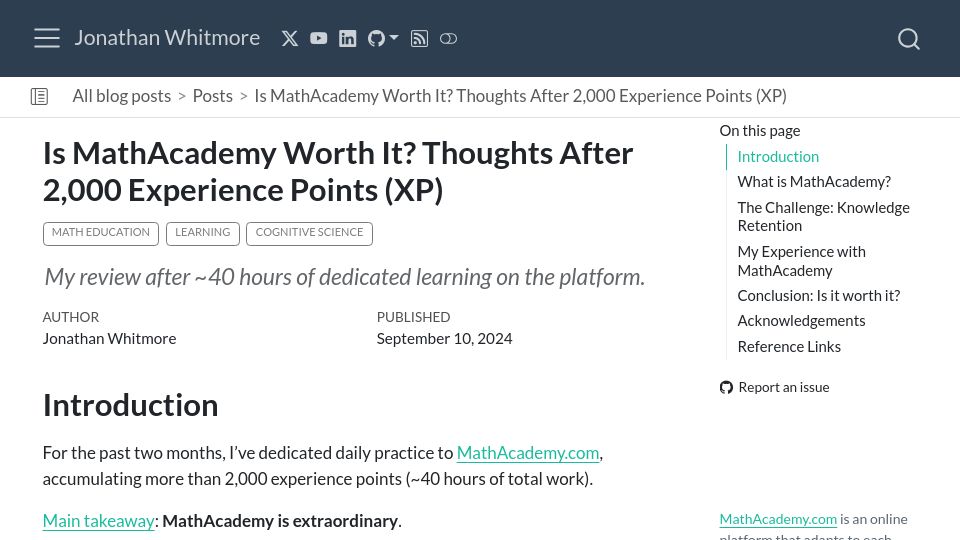 Screenshot of jonathanwhitmore.com: Is MathAcademy Worth It? Thoughts After 2k Experience Points (XP)