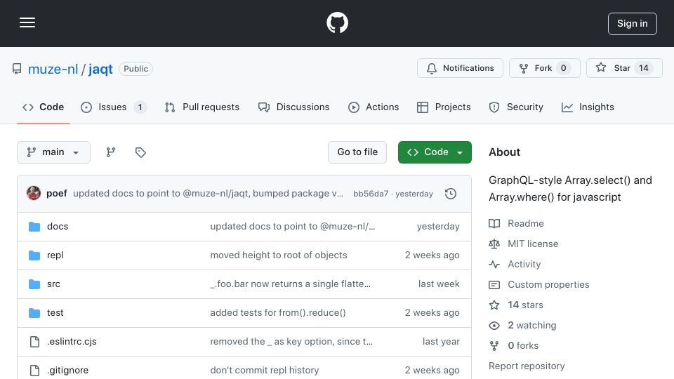 Screenshot of github.com: Show HN: JAQT – JavaScript Queries and Transformations