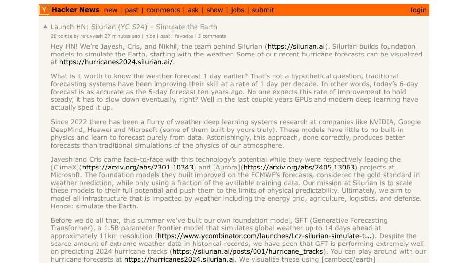 Screenshot of Hacker News post: Launch HN: Silurian (YC S24) – Simulate the Earth