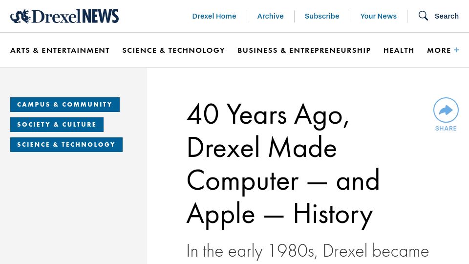 Screenshot of drexel.edu: 40 Years Ago, Drexel Made Computer – and Apple – History