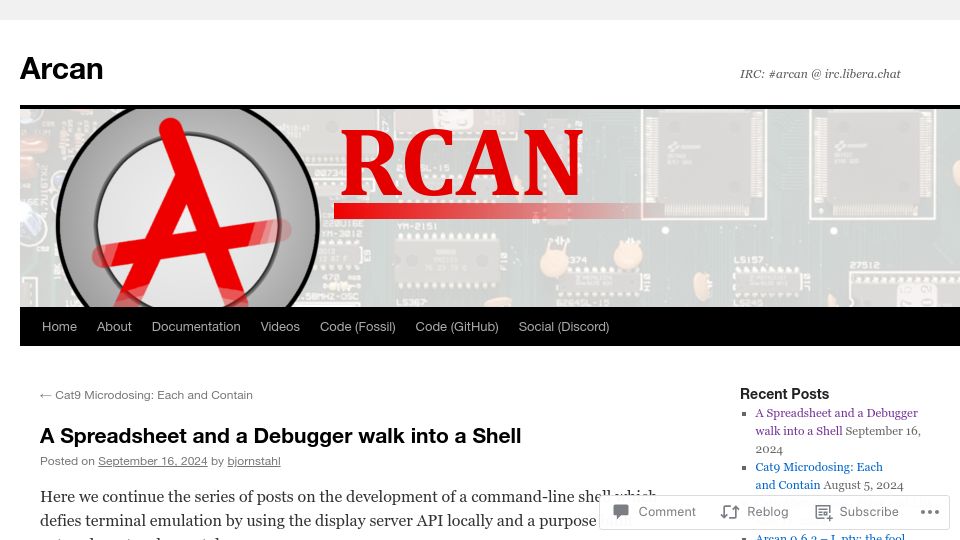 Screenshot of arcan-fe.com: A Spreadsheet and a Debugger Walk into a Shell