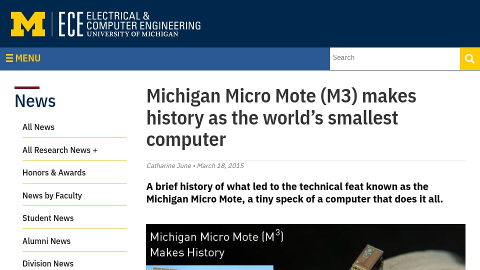 Screenshot of ece.engin.umich.edu: Michigan Micro Mote (M3) makes history as the smallest computer (2015)