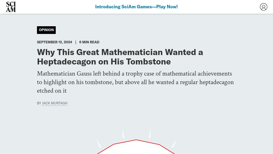Screenshot of scientificamerican.com: Why Gauss wanted a heptadecagon on his tombstone