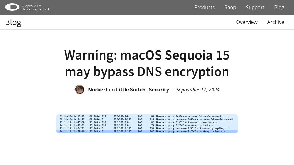 Screenshot of obdev.at: macOS Sequoia 15 may bypass DNS encryption