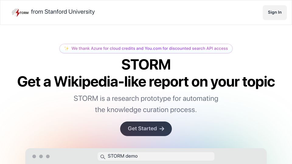 Screenshot of storm.genie.stanford.edu: STORM: Get a Wikipedia-like report on your topic