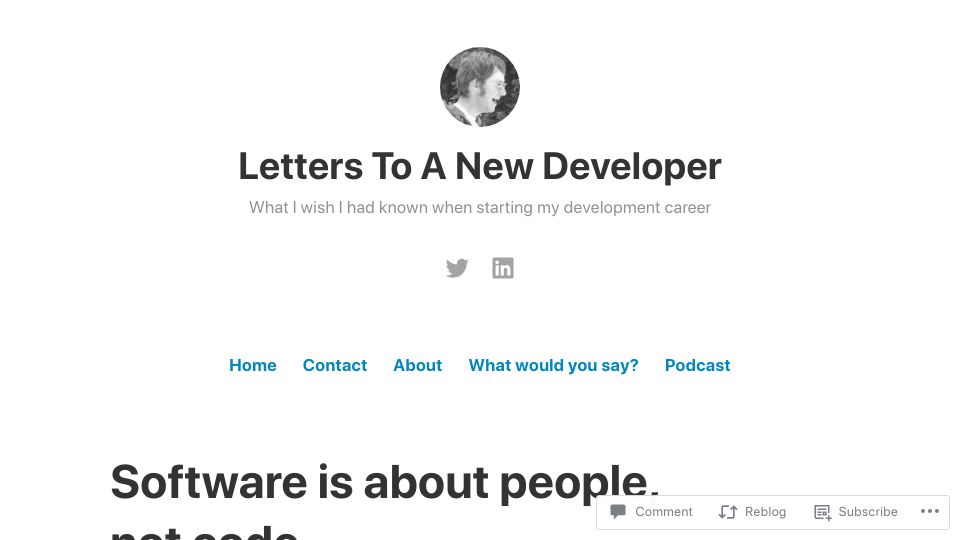 Screenshot of letterstoanewdeveloper.com: Software is about people, not code (2020)