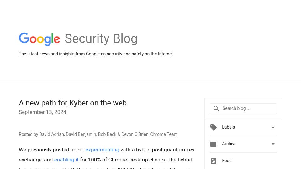 Screenshot of security.googleblog.com: A new path for Kyber on the web for Chrome