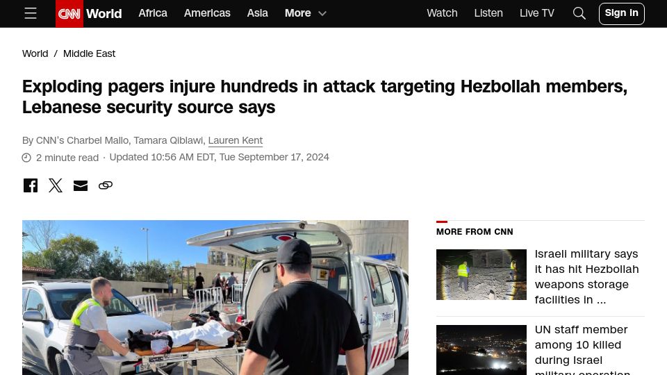 Screenshot of cnn.com: Exploding pagers injure hundreds in attack targeting Hezbollah members